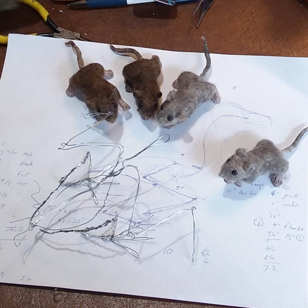 Felt mice with wire for Osprey sculpture