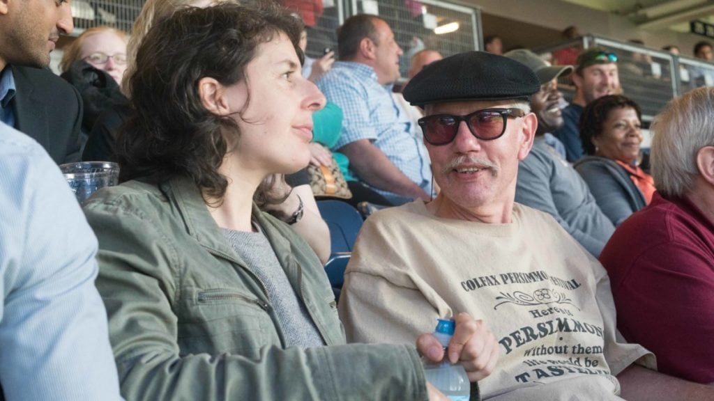 Keith Harward attends a Yankees game in May 2016 with Olga Akselrod, Senior Staff Attorney at the Innocence Project. Photo by Sameer Abdel-Khaled.