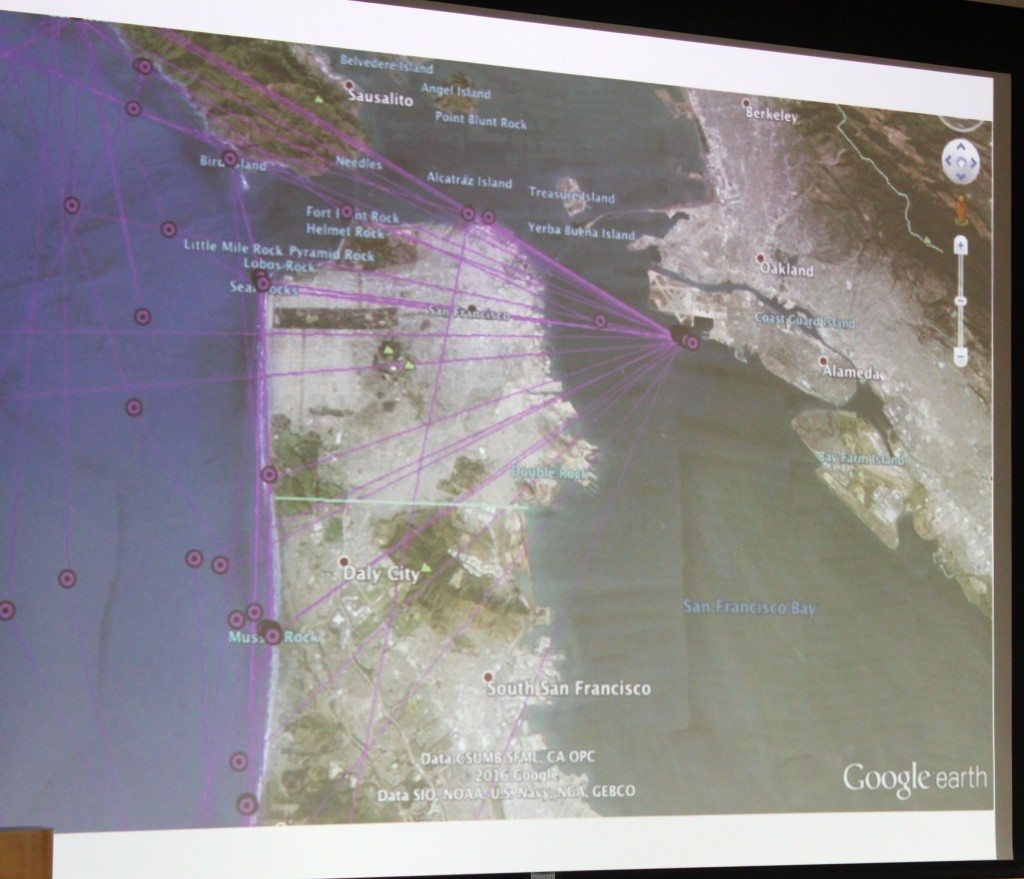 The purple lines show the forays made by pelican "Z-31" from Alameda to the coast for fishing