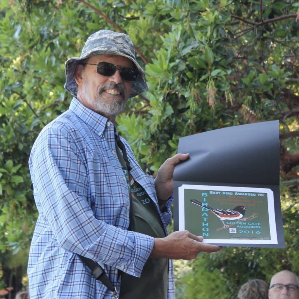 Bob Lewis with the Best Bird award for Laughing Gull at Hayward Shoreline.