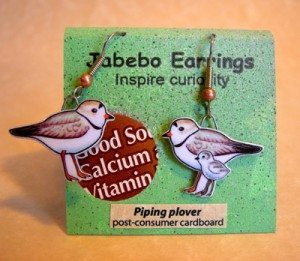 Plover earrings made from recycled cereal boxes by Jabebo Designs