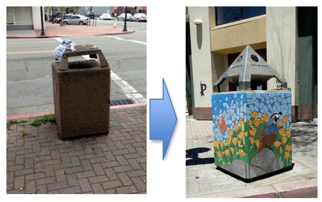 Before and after view of California Quail trash can / Photo by Old Oakland Neighbors